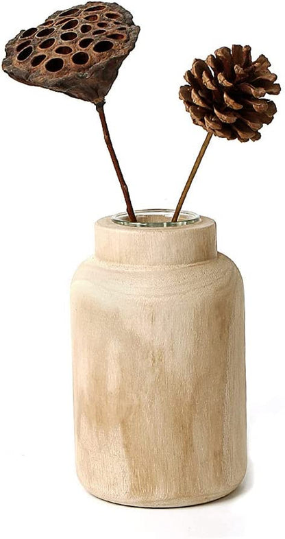 Rustic Wooden Vase Decorative, Natural Wood Vase with Glass Tube for Home Decor, Table, Mantel, Living Room Decoration (Natural)