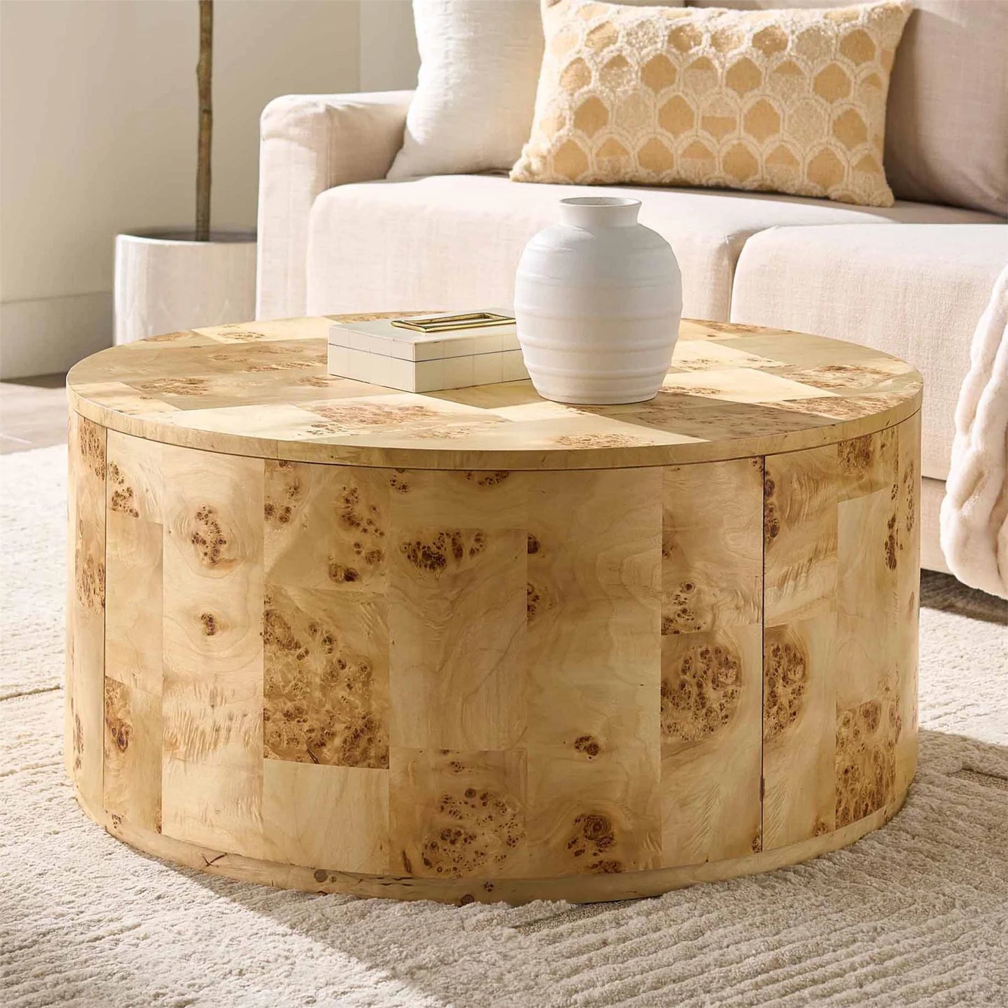 Burlwood round Coffee Table, Light Burl Wood Veneer