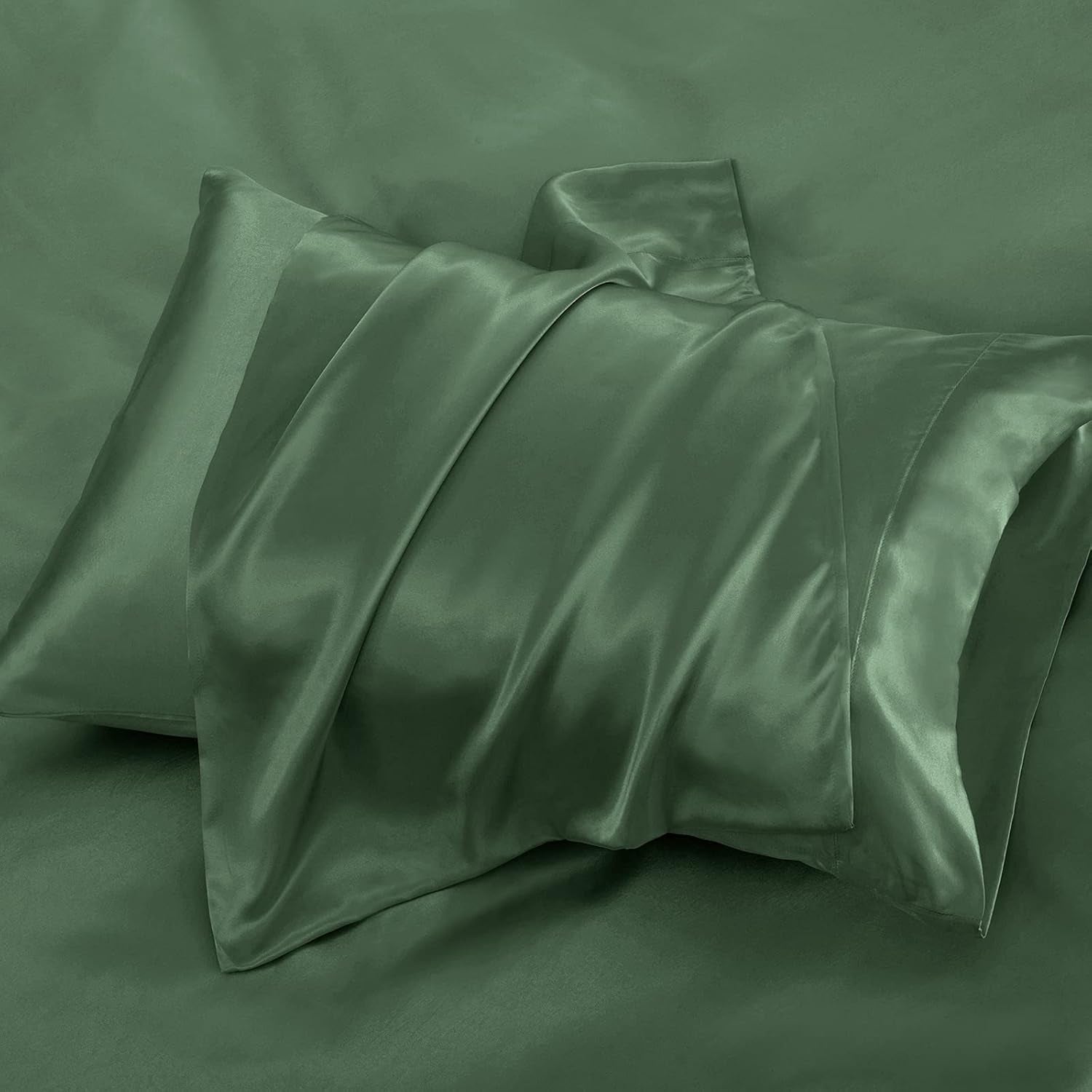 6 Pieces King Satin Sheets Luxury Silky Woodland Green Satin Bedding Sheet Set, 1 Deep Pocket Fitted Sheet + 1 Flat Sheet + 4 Pillow Cases
