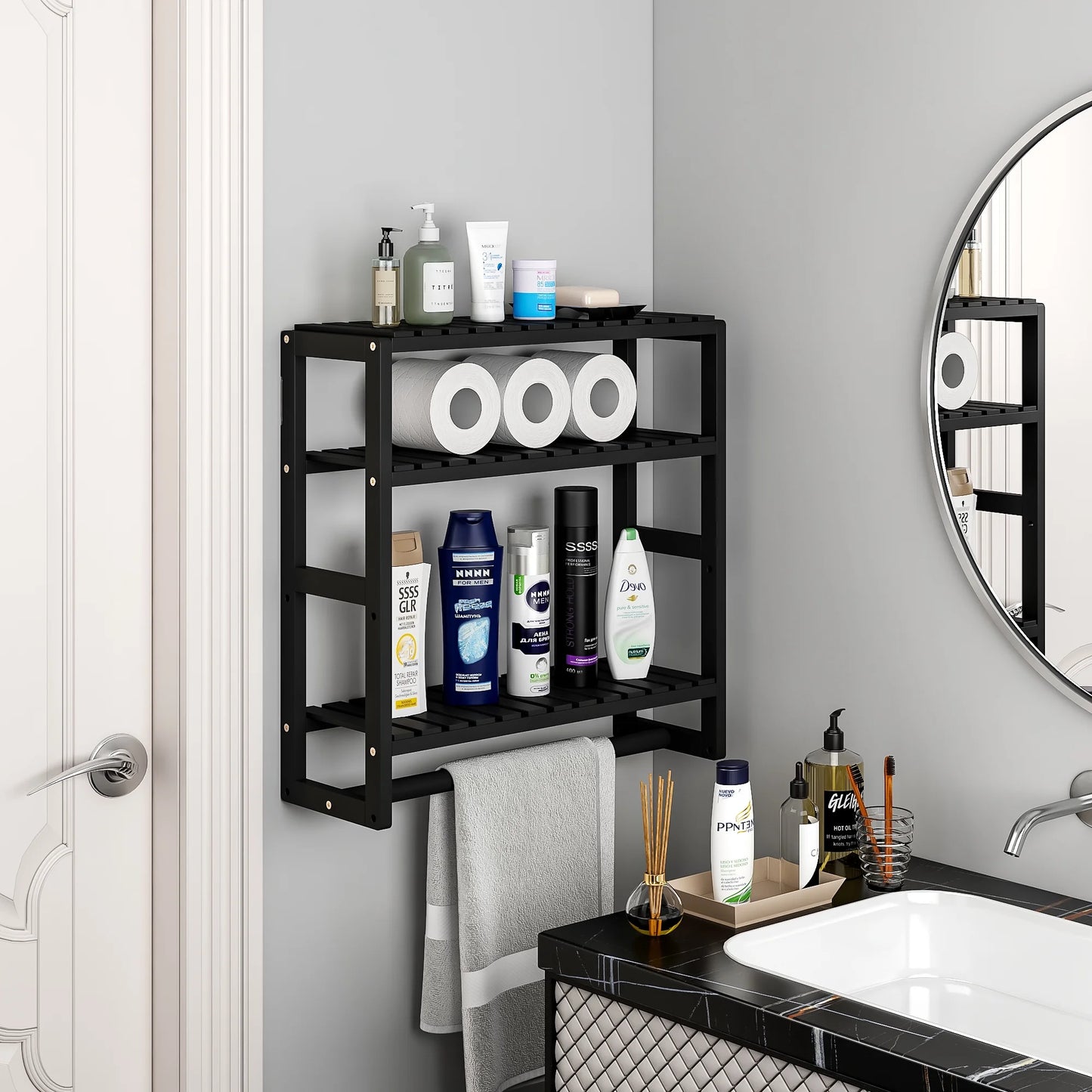over the Toilet Storage Rack, 3 Tier Bathroom Organizer Shelf over Toilet, Freestanding Space Saver Toilet Stands Floating Shelves Wall Shelf Rustic Bamboo Shelves for Storage （Black）