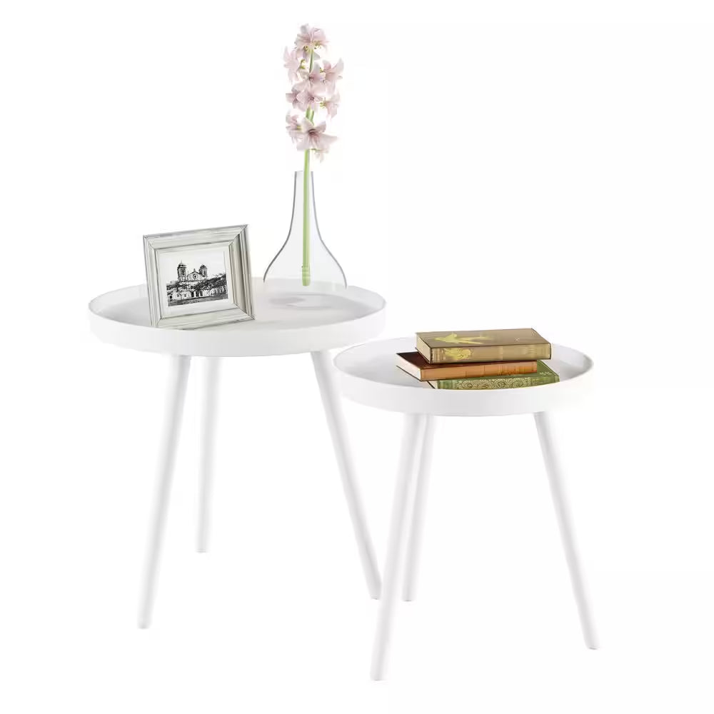 Wooden Nesting round Tray Top White Side Tables (Set of 2)