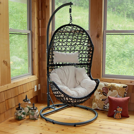 Cordelia Hanging Egg Chair with Steel Stand Set - Resin Wicker Porch Swing - Includes Beige Cushion and Headrest