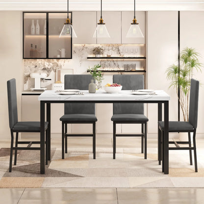 Dining Table Set for 4, 5-Piece Modern Dining Room Table Set with 4 Velvet Chairs, Marble Kitchen Table and Chairs Set, White+Grey