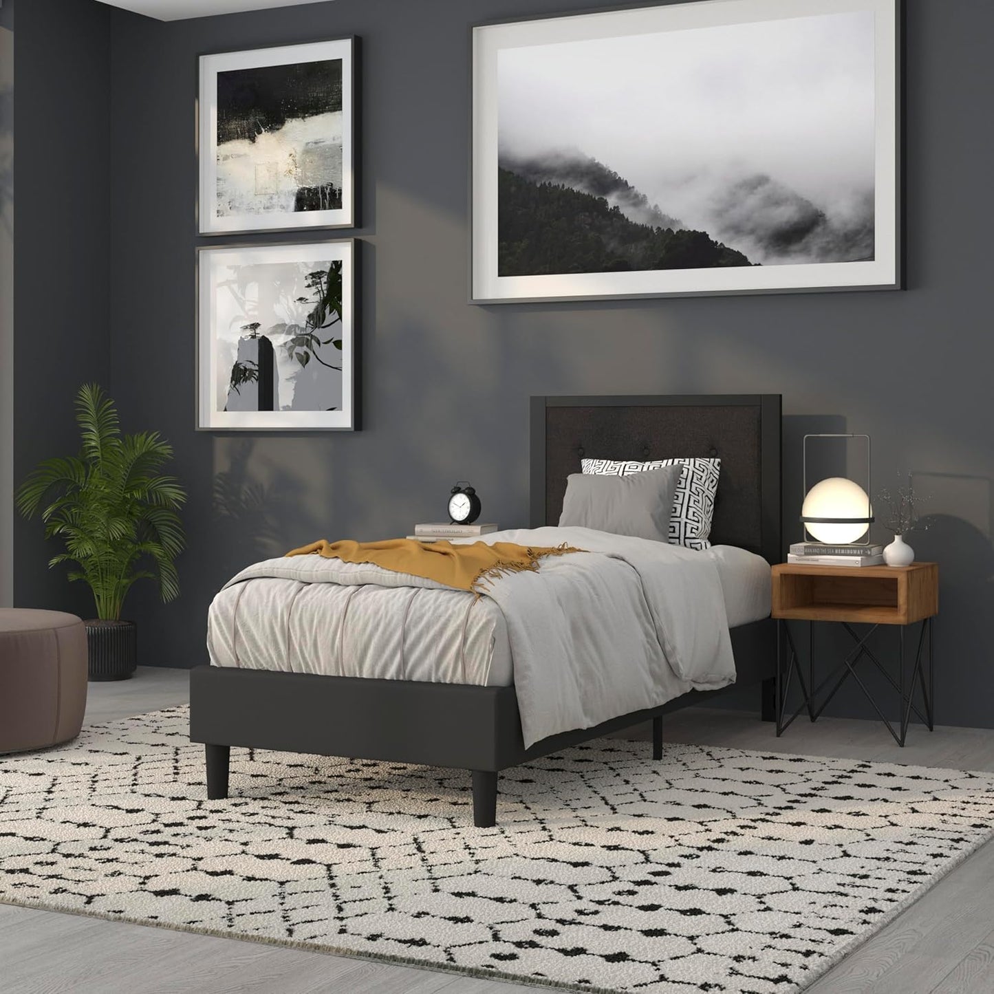 Twin Size Upholstered Metal Panel Headboard in Tufted Black Fabric