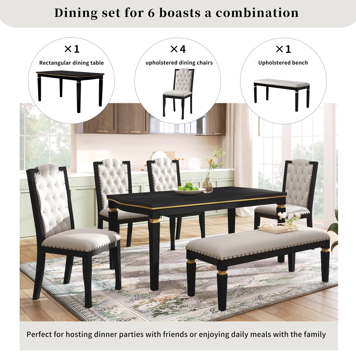 6-Piece Kitchen Dining Table Set for 6,Modern Dining Table Set with 60"L Rectangular Table,4 Upholstered Chairs & Bench for Dining Room and Kitchen,Black