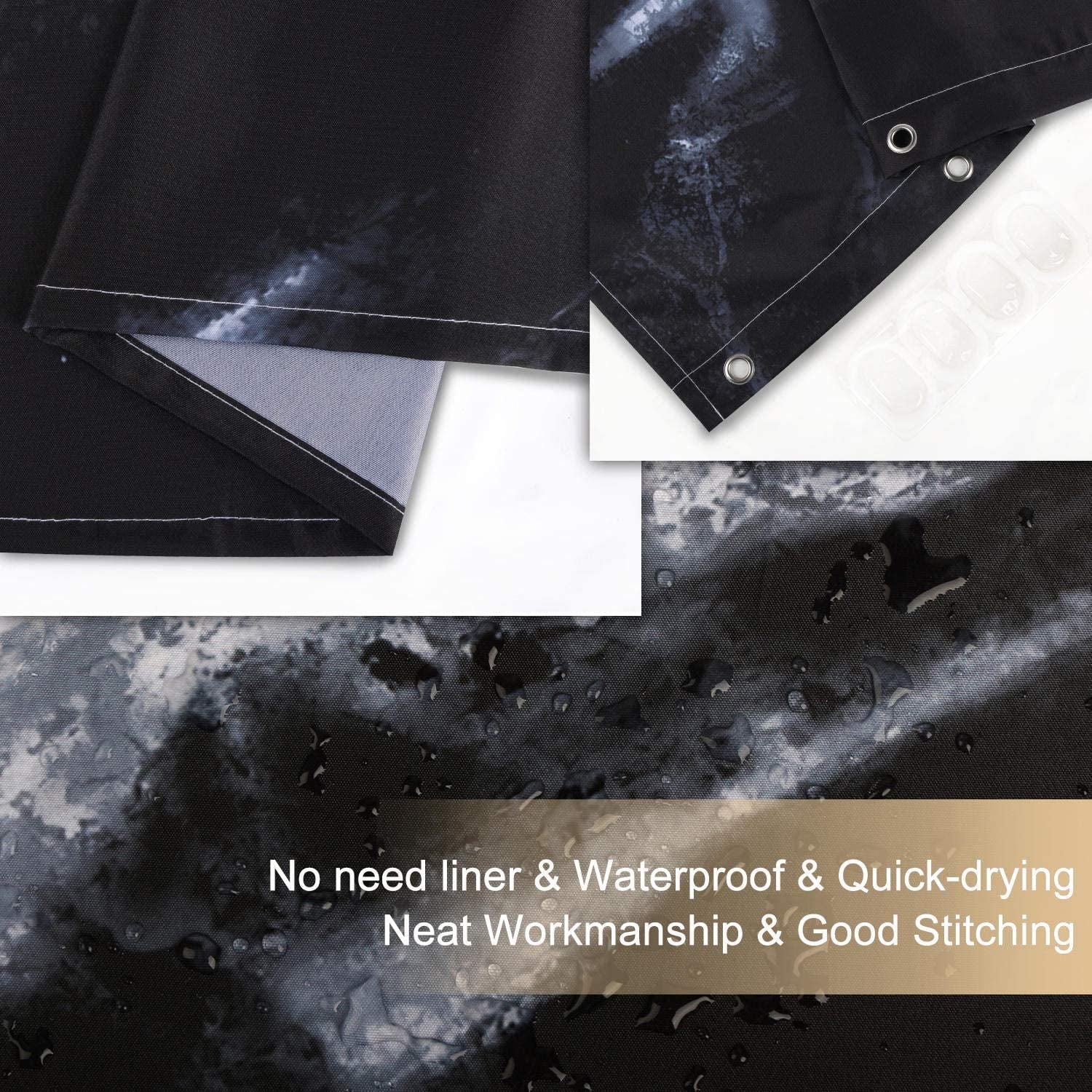 Black Marble Shower Curtain Set with 12 Hooks, Bathroom Decor, 72Wx72H
