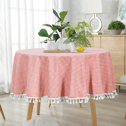 round Tablecloth - Cotton Linen Table Cover - Wrinkle Free Dust-Proof - Buffalo Check - Holiday Table Linen - 55" - Blush Embroidery Tassel - for Home Kitchen Dining