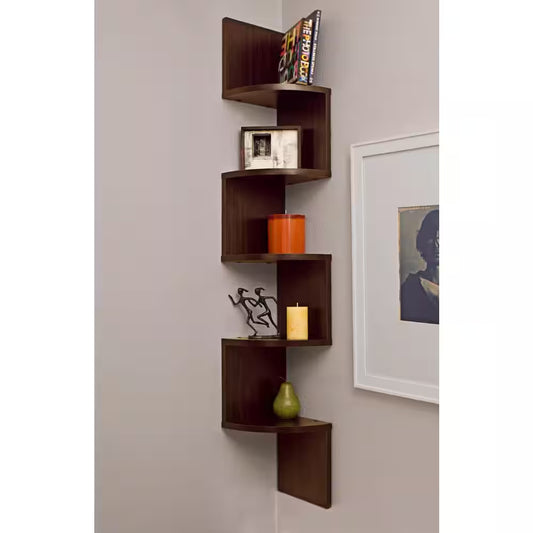 Zig Zag 7.75 in W X 7.75 In. D Floating Laminate Corner Wall Decorative Shelf in Walnut Finish
