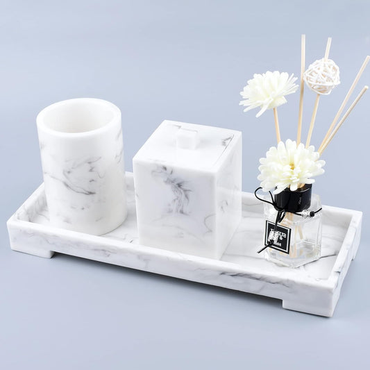 Vanity Toilet Tank Tray, White Elegant Marble Pattern Bathtub Organizer, Bathroom Collector for Small Things, Make-Up Desk, Resin Dresser Jewelry Tray - Medium Size