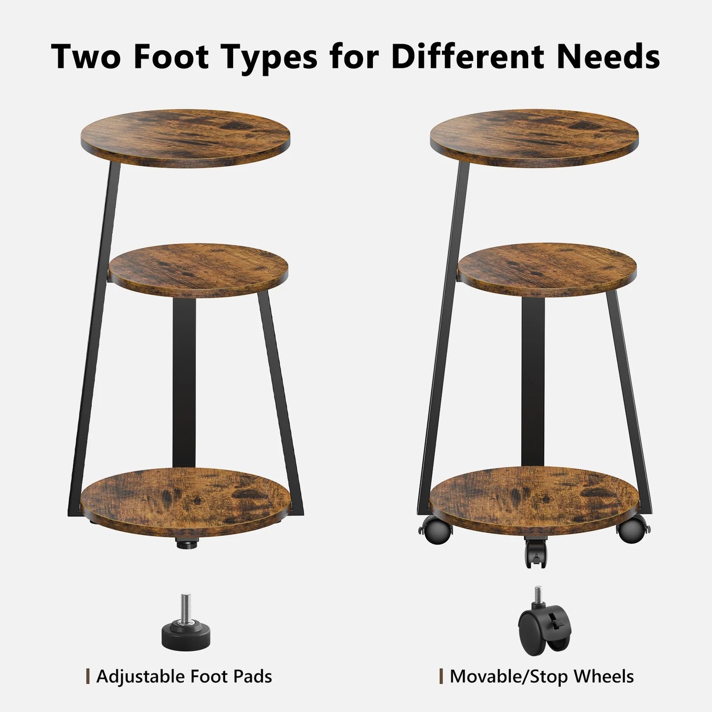End Side Table, round Sofa Table with Metal Frame, 3-Tier Coffee Table Nightstand for Home, Black&Brown