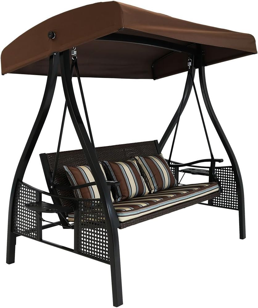 3-Seat Patio Swing with Steel Frame and Canopy - 600-Pound Weight Capacity - Brown Stripe Cushions