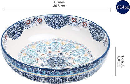 Blue Talavera Ceramic Pasta Bowl, Set of 5(1 Unit 214Oz, 4 Units 35Oz), for Pasta, Salad, Microwave & Dishwasher Safe, House Warming Gift