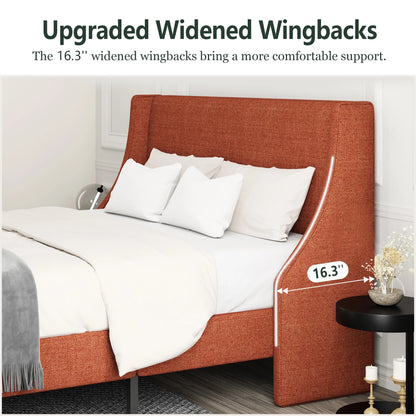 Queen Size Modern Platform Upholstered Bed Frame with Deluxe Wingback,Burnt Orange