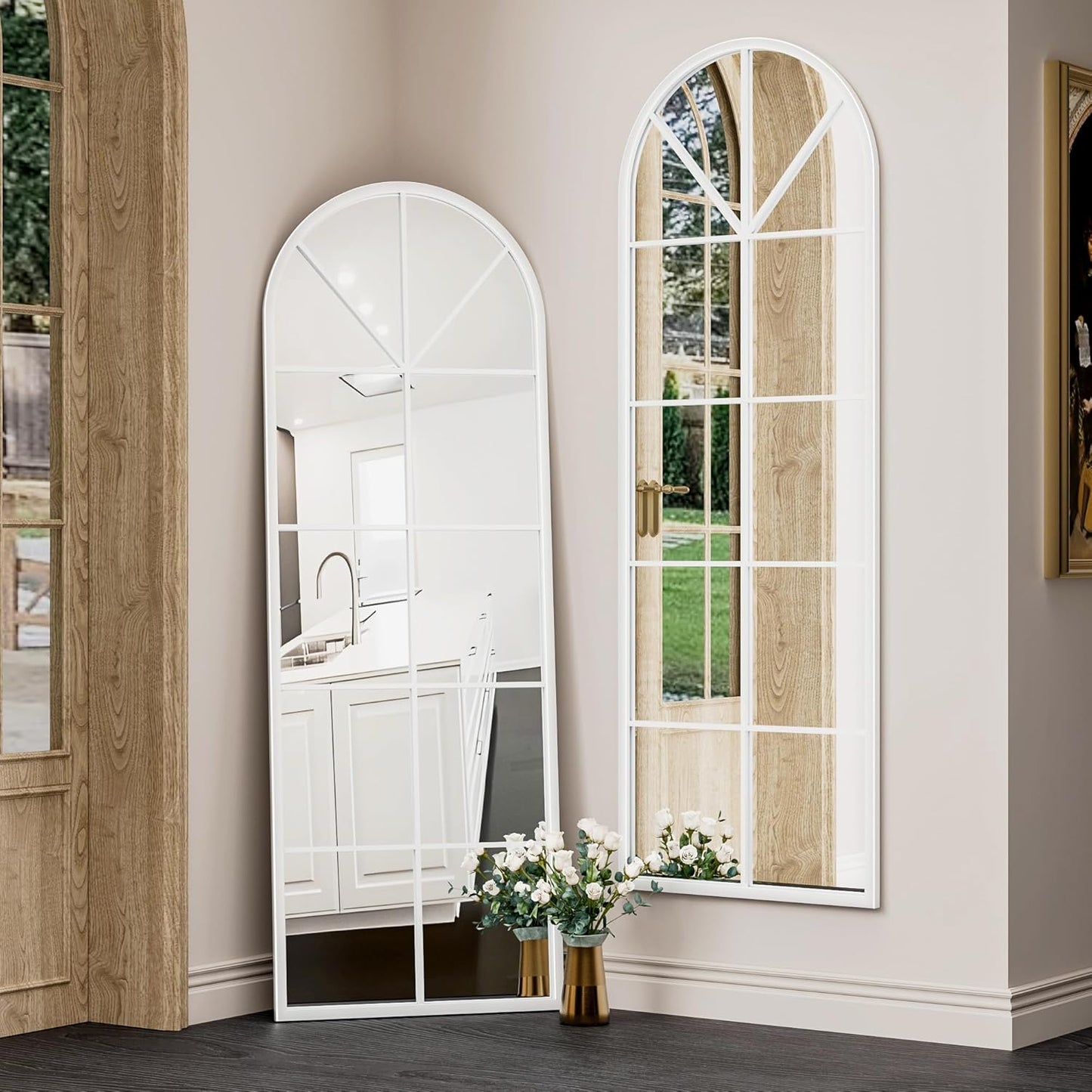 Full Length Arched Floor Mirror, 65"X22" Window Pane Design, Decorative Hanging or Leaning, Full Body with Iron Frame for Bedroom Living Room (White)