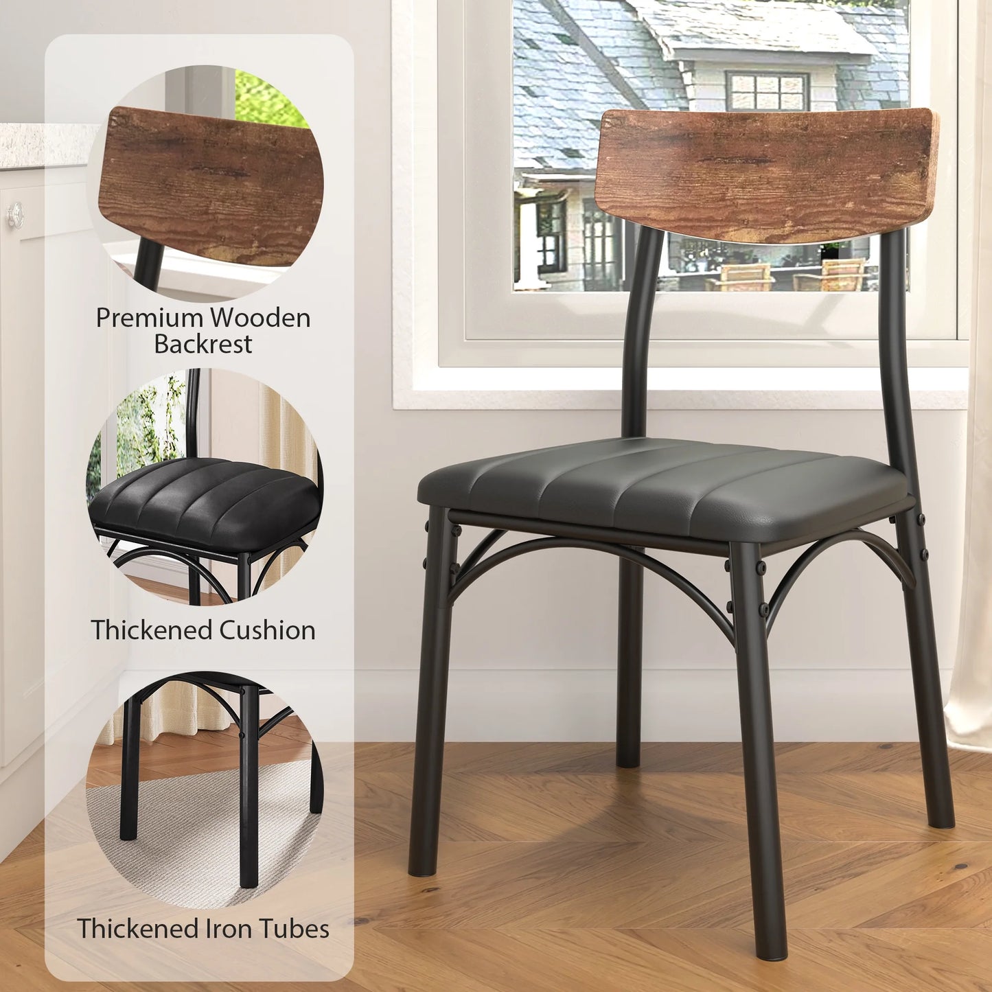 Dining Chair Set of 4, PU Leather Dining Room Chairs, Rustic Kitchen Armless Side Chair with Iron Legs, Walnut