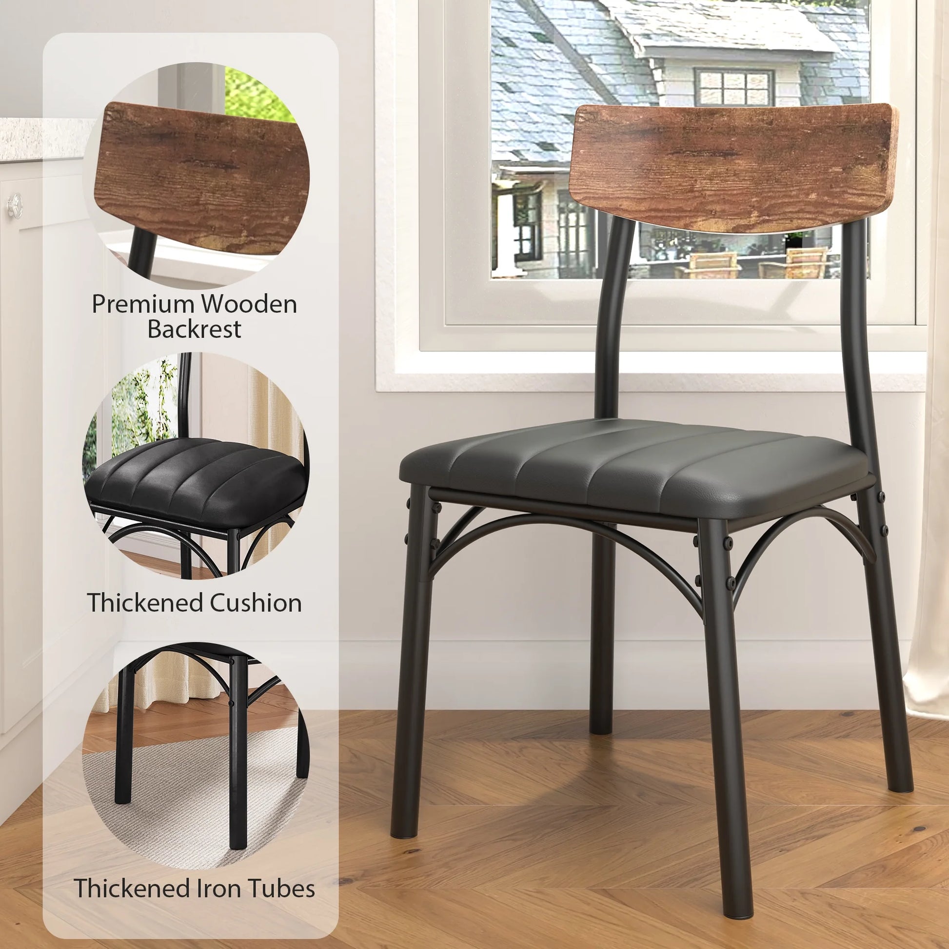 Dining Chair Set of 4, PU Leather Dining Room Chairs, Rustic Kitchen Armless Side Chair with Iron Legs, Walnut
