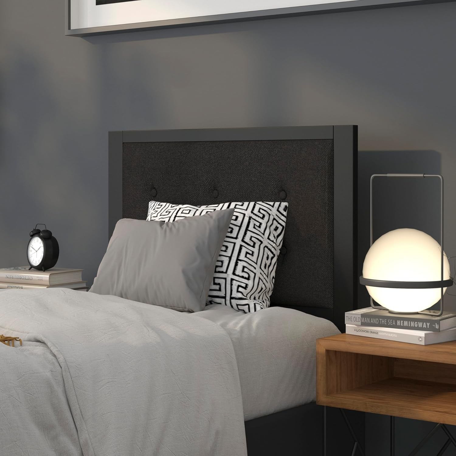Twin Size Upholstered Metal Panel Headboard in Tufted Black Fabric