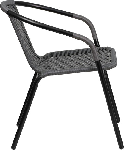 Set of 2 Modern Rattan Indoor/Outdoor Stack Chairs, Stacking Rattan Patio Chairs with Curved Back and Cross Bracing, Gray