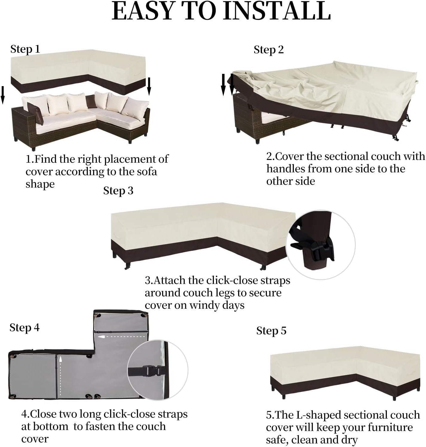 Patio L-Shaped Sectional Sofa Cover, Waterproof Outdoor Sectional Cover, Heavy Duty Garden Furniture Cover with Air Vent (Left Facing, Beige/Dark Brown)