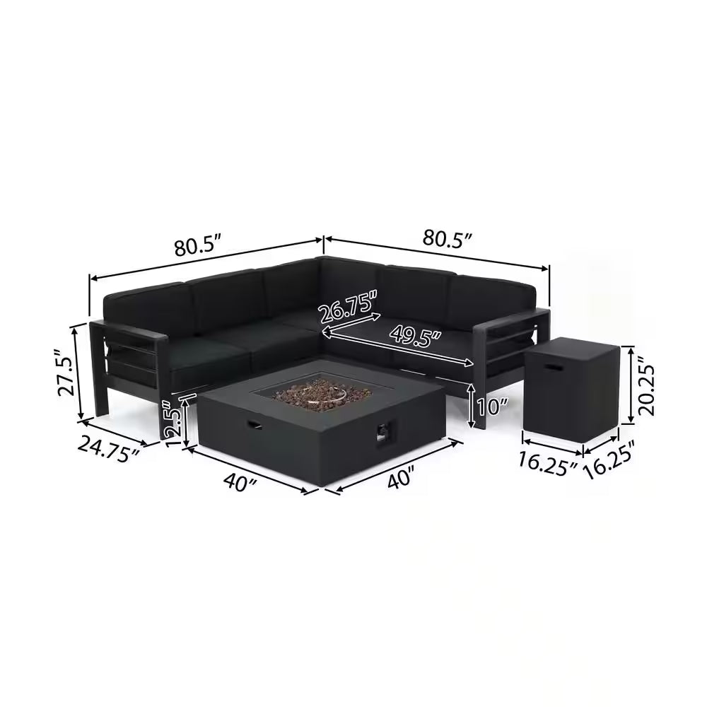 Gray 5-Piece Aluminum Outdoor Patio Fire Pit Conversation Set with Dark Gray Cushions
