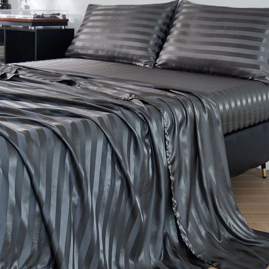Satin Sheets Full Silk Sheets Dark Gray Stripe Bed Sheet Set Deep Pocket Bed Flat Fitted Sheet, 4-Pieces