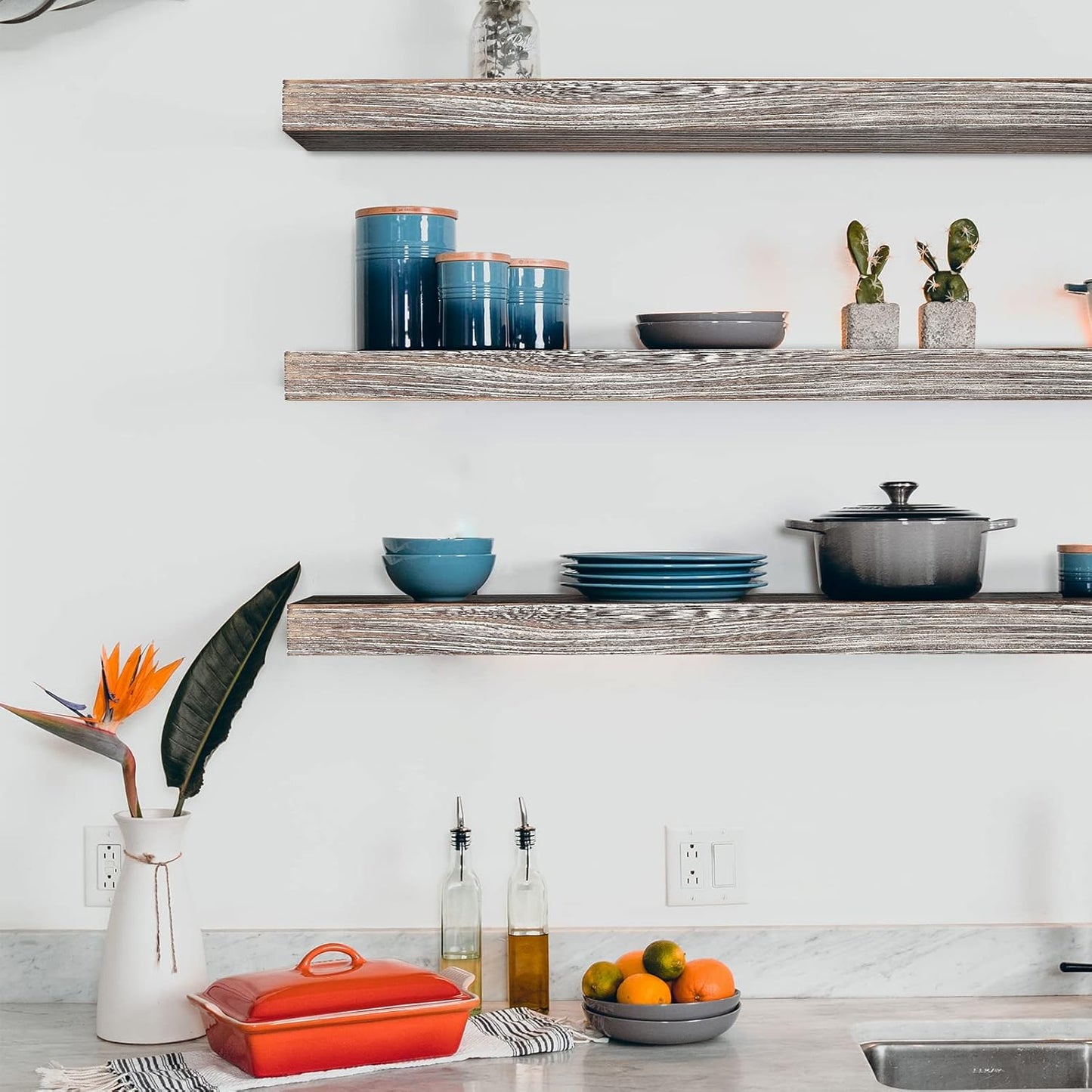 Wood Floating Shelves Wall Mounted 17 Inch, 3 Tier Rustic Wooden Wall Shelves for Bathroom Living Room Bedroom Laundry Kitchen Storage Farmhouse Decor, Set of 3