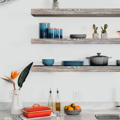 Wood Floating Shelves Wall Mounted 17 Inch, 3 Tier Rustic Wooden Wall Shelves for Bathroom Living Room Bedroom Laundry Kitchen Storage Farmhouse Decor, Set of 3