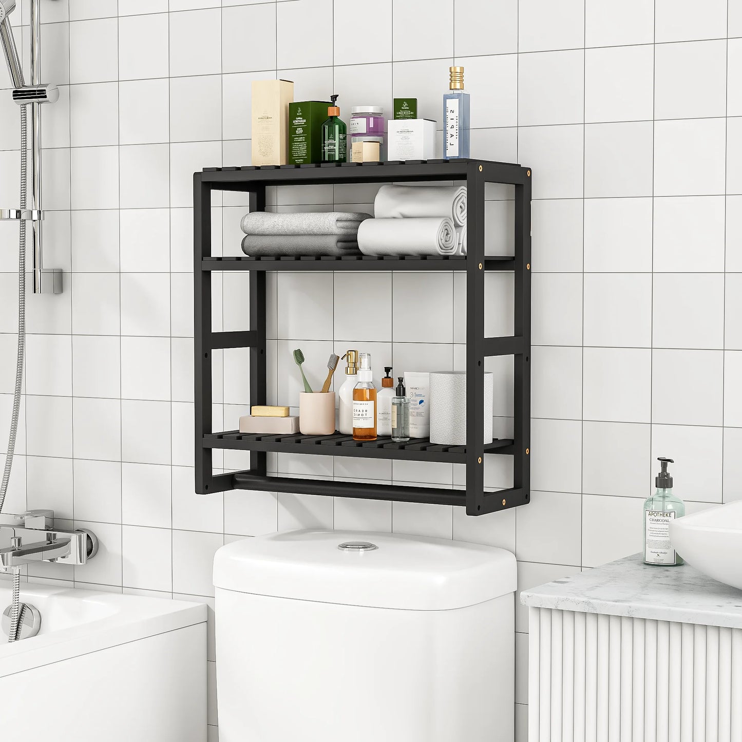 over the Toilet Storage Rack, 3 Tier Bathroom Organizer Shelf over Toilet, Freestanding Space Saver Toilet Stands Floating Shelves Wall Shelf Rustic Bamboo Shelves for Storage （Black）