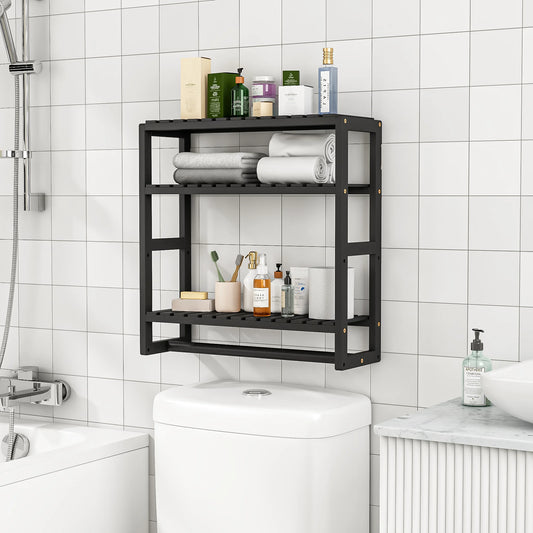 over the Toilet Storage Rack, 3 Tier Bathroom Organizer Shelf over Toilet, Freestanding Space Saver Toilet Stands Floating Shelves Wall Shelf Rustic Bamboo Shelves for Storage （Black）