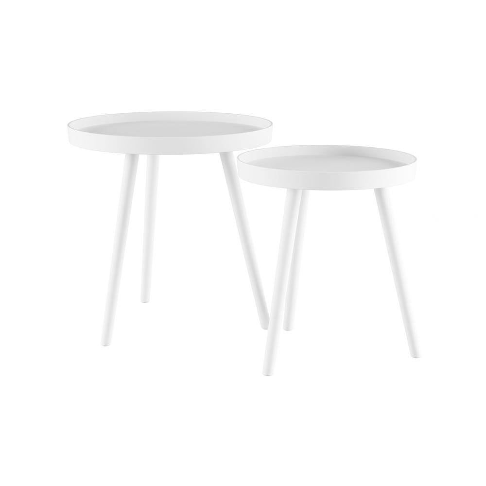 Wooden Nesting round Tray Top White Side Tables (Set of 2)