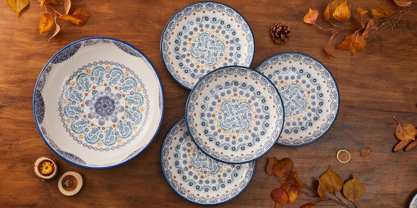 Blue Talavera Ceramic Pasta Bowl, Set of 5(1 Unit 214Oz, 4 Units 35Oz), for Pasta, Salad, Microwave & Dishwasher Safe, House Warming Gift