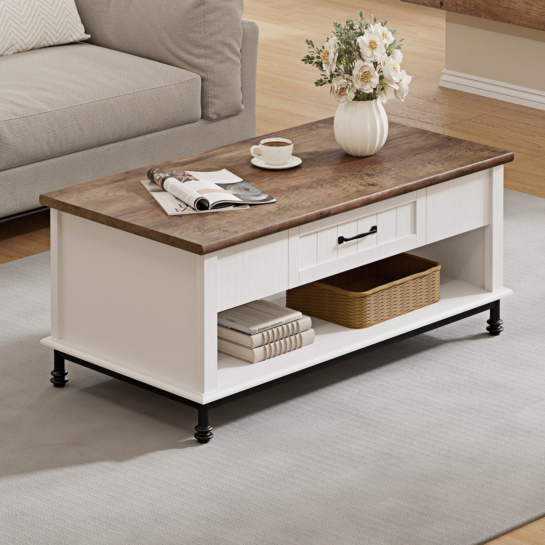 White Coffee Table with Storage Farmhouse Sofa Tea Table