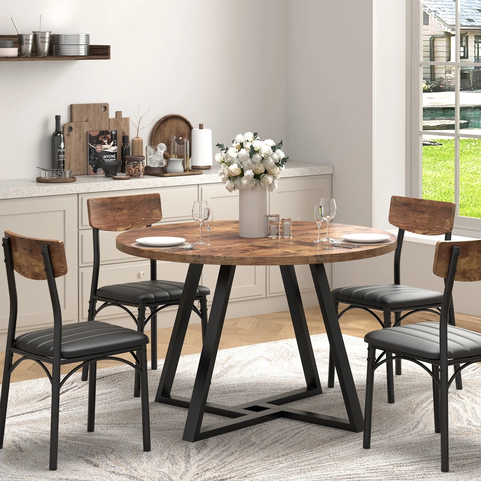 Dining Chair Set of 4, PU Leather Dining Room Chairs, Rustic Kitchen Armless Side Chair with Iron Legs, Walnut