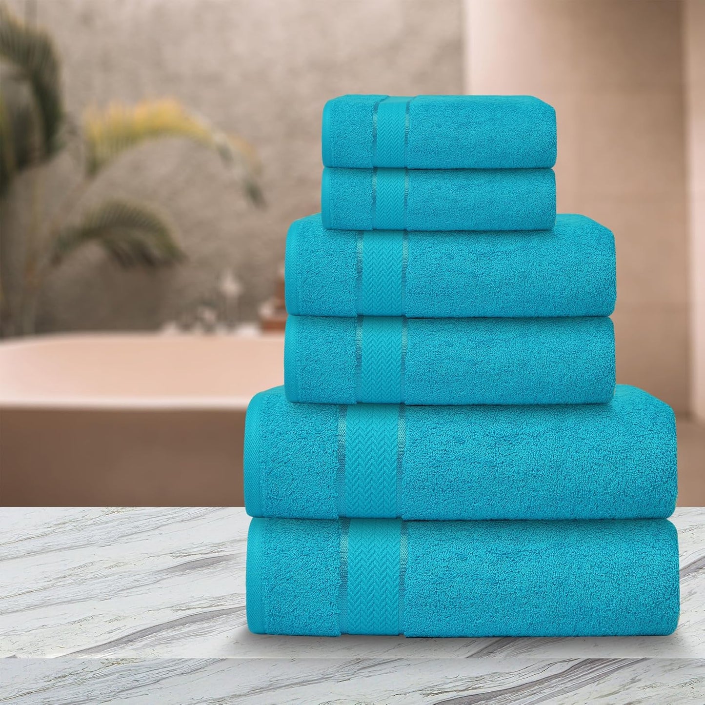 Bath Towels Set-100% Cotton- 2 Bath, 2 Hand & 2 Washcloths- Large, Thick, Fluffy, Absorbent, Quick Dry, Soft, Plush -Gift, Pool, Hotel, Gym Towel -6 Piece Luxury Bathroom Towels -Aqua Blue / Turquoise
