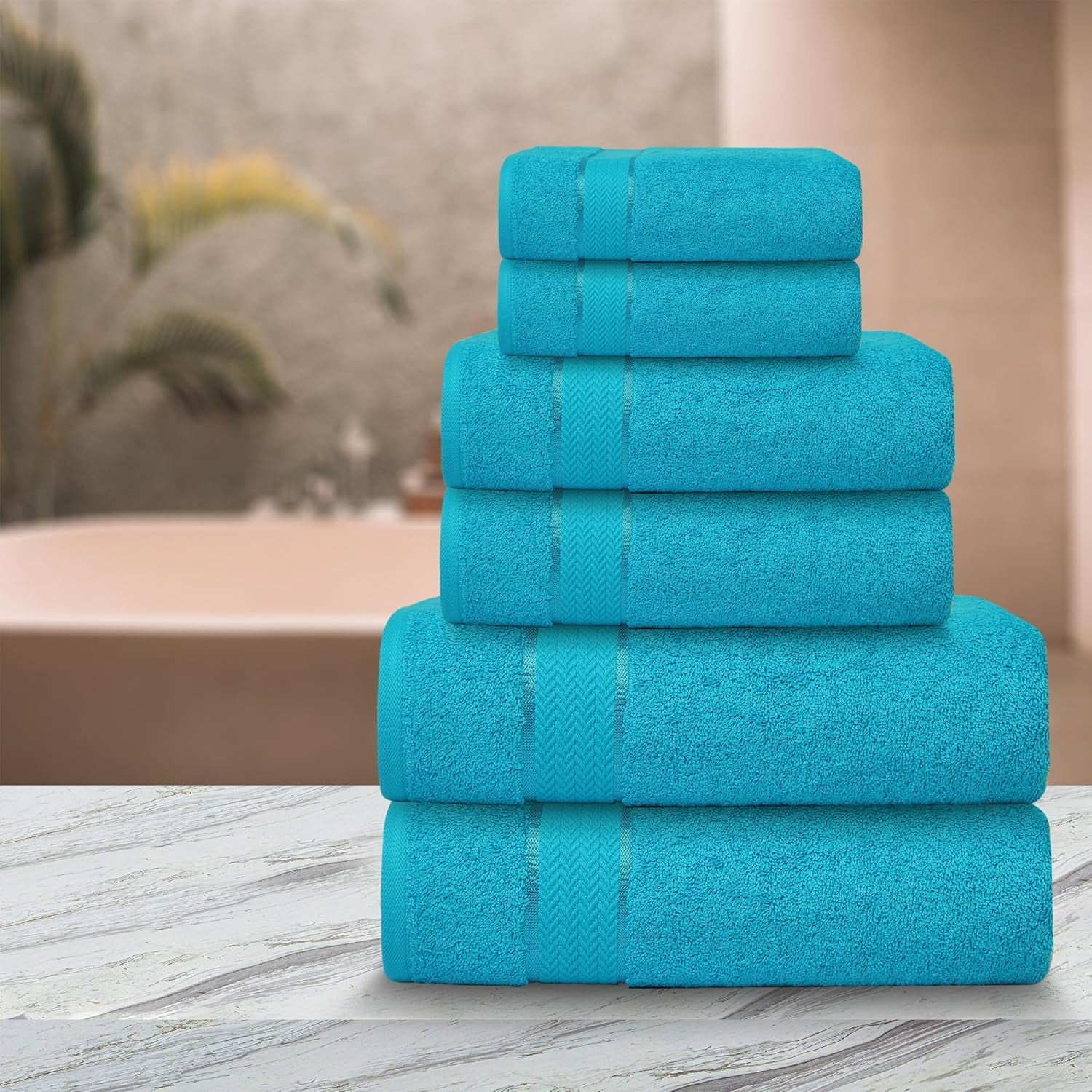 Bath Towels Set-100% Cotton- 2 Bath, 2 Hand & 2 Washcloths- Large, Thick, Fluffy, Absorbent, Quick Dry, Soft, Plush -Gift, Pool, Hotel, Gym Towel -6 Piece Luxury Bathroom Towels -Aqua Blue / Turquoise