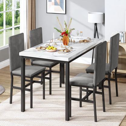 Dining Table Set for 4, 5-Piece Modern Dining Room Table Set with 4 Velvet Chairs, Marble Kitchen Table and Chairs Set, White+Grey