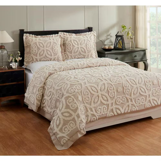 Eden Comforter 2-Piece Floral Design Linen & Ivory Twin 100% Cotton Tufted Chenille Comforter Set