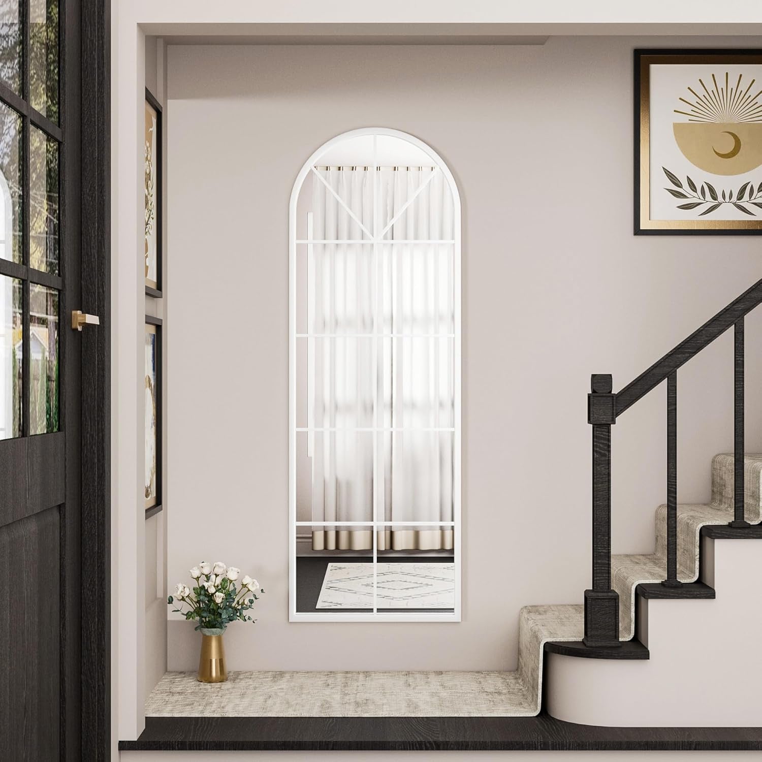 Full Length Arched Floor Mirror, 65"X22" Window Pane Design, Decorative Hanging or Leaning, Full Body with Iron Frame for Bedroom Living Room (White)