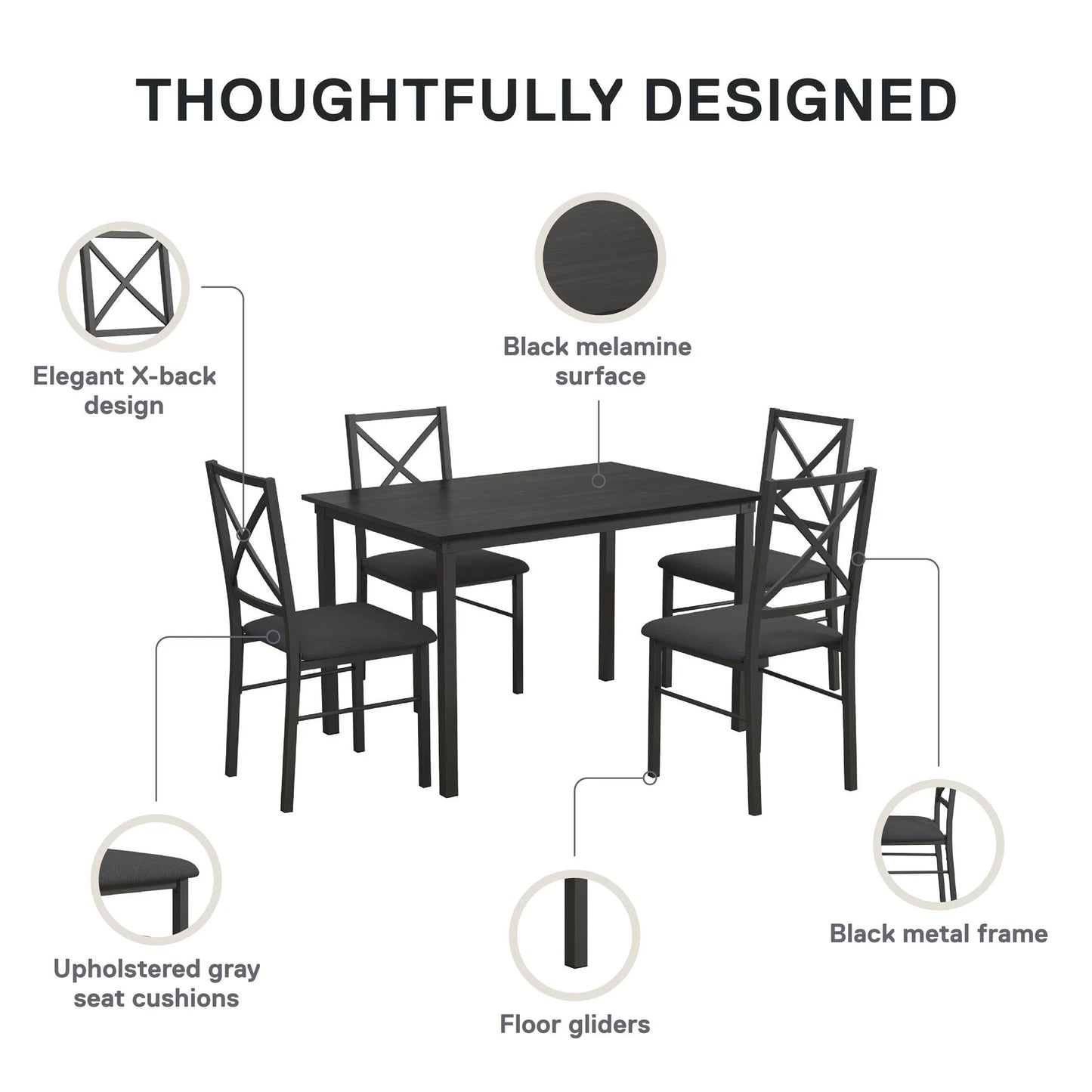 5-Piece Dining Table and Chair Set for 4, Black
