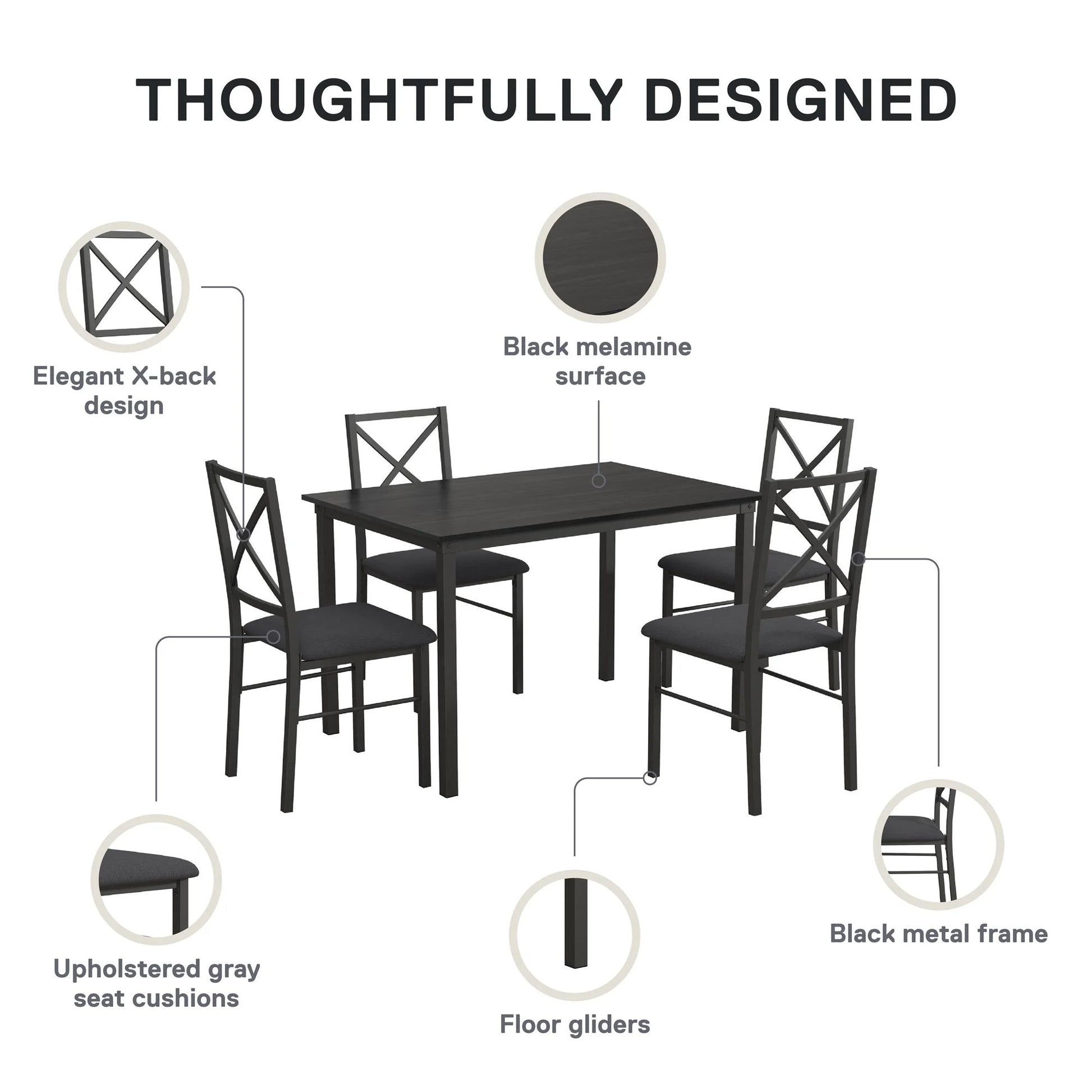 5-Piece Dining Table and Chair Set for 4, Black