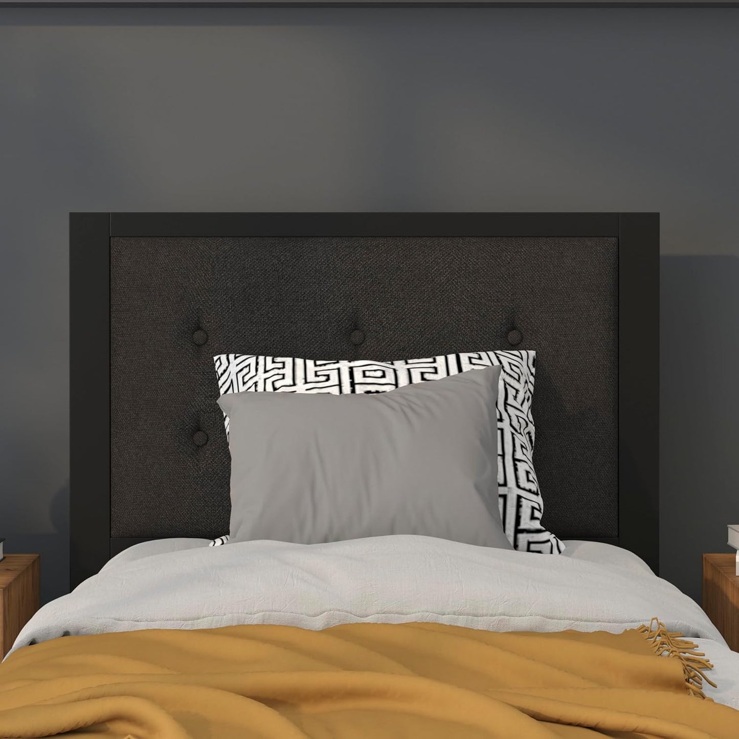 Twin Size Upholstered Metal Panel Headboard in Tufted Black Fabric