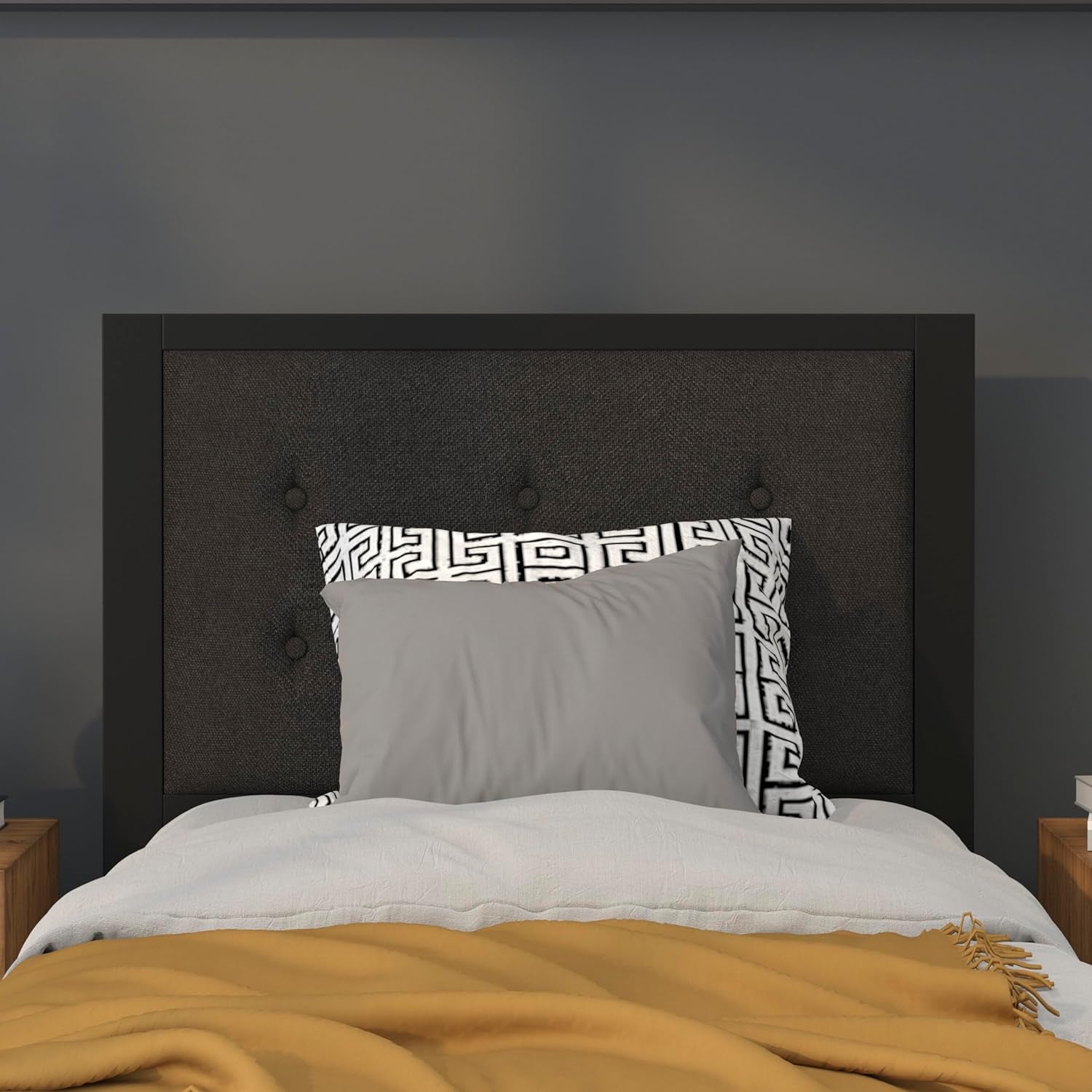 Twin Size Upholstered Metal Panel Headboard in Tufted Black Fabric