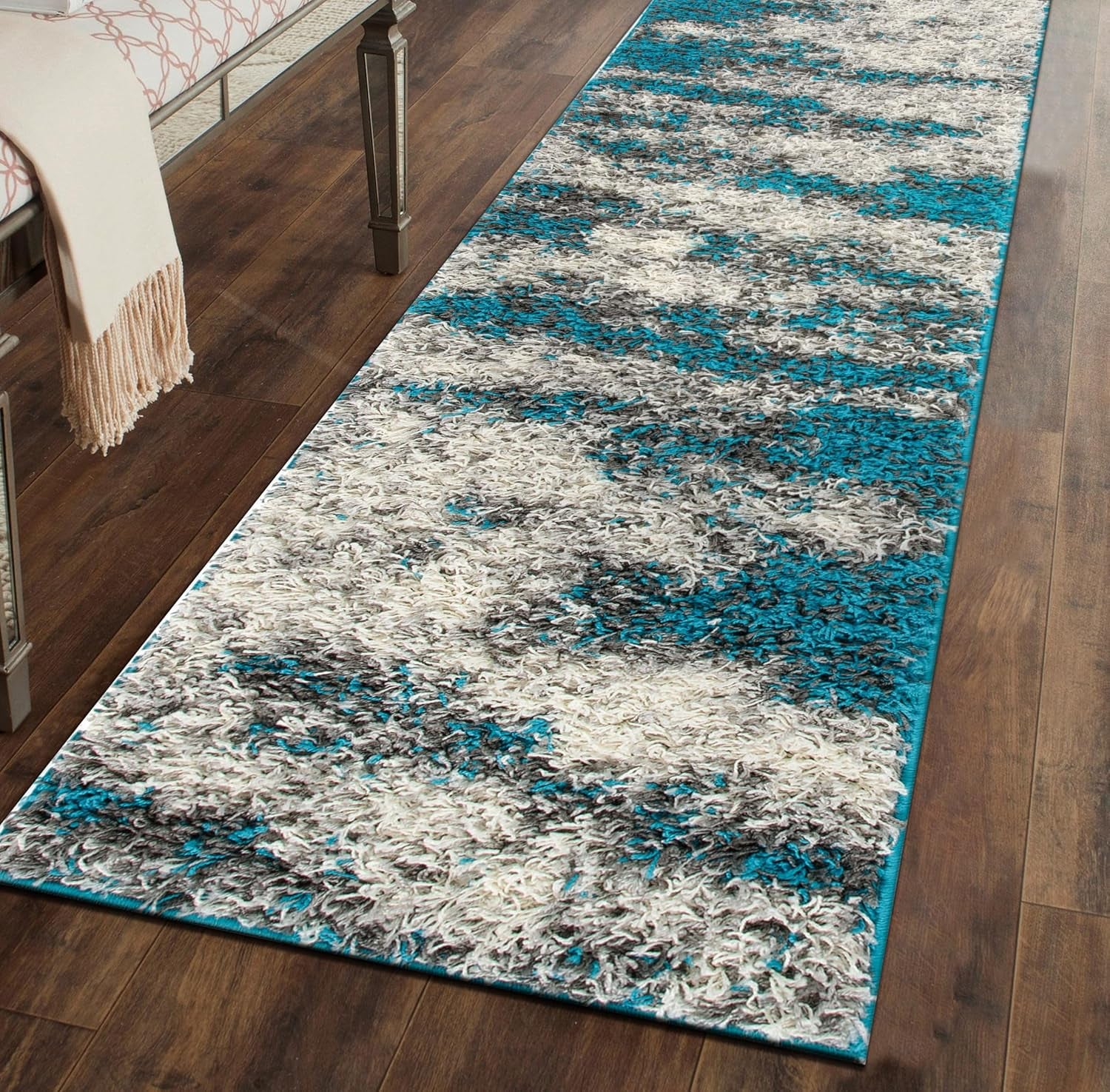 Contemporary Abstract Design Plush Shag Runner Rug 2' X 7' Turquoise