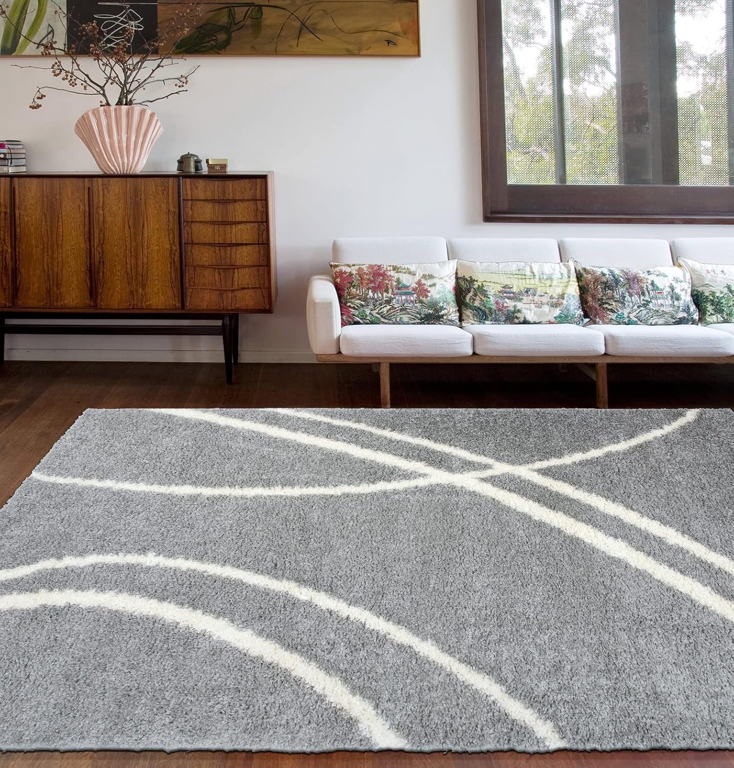 Cozy Contemporary Stripe Perfect for Living Room,Bedroom,Home Office Non-Shedding Plush Shag Area Rug 7'10" X 10' Gray-White