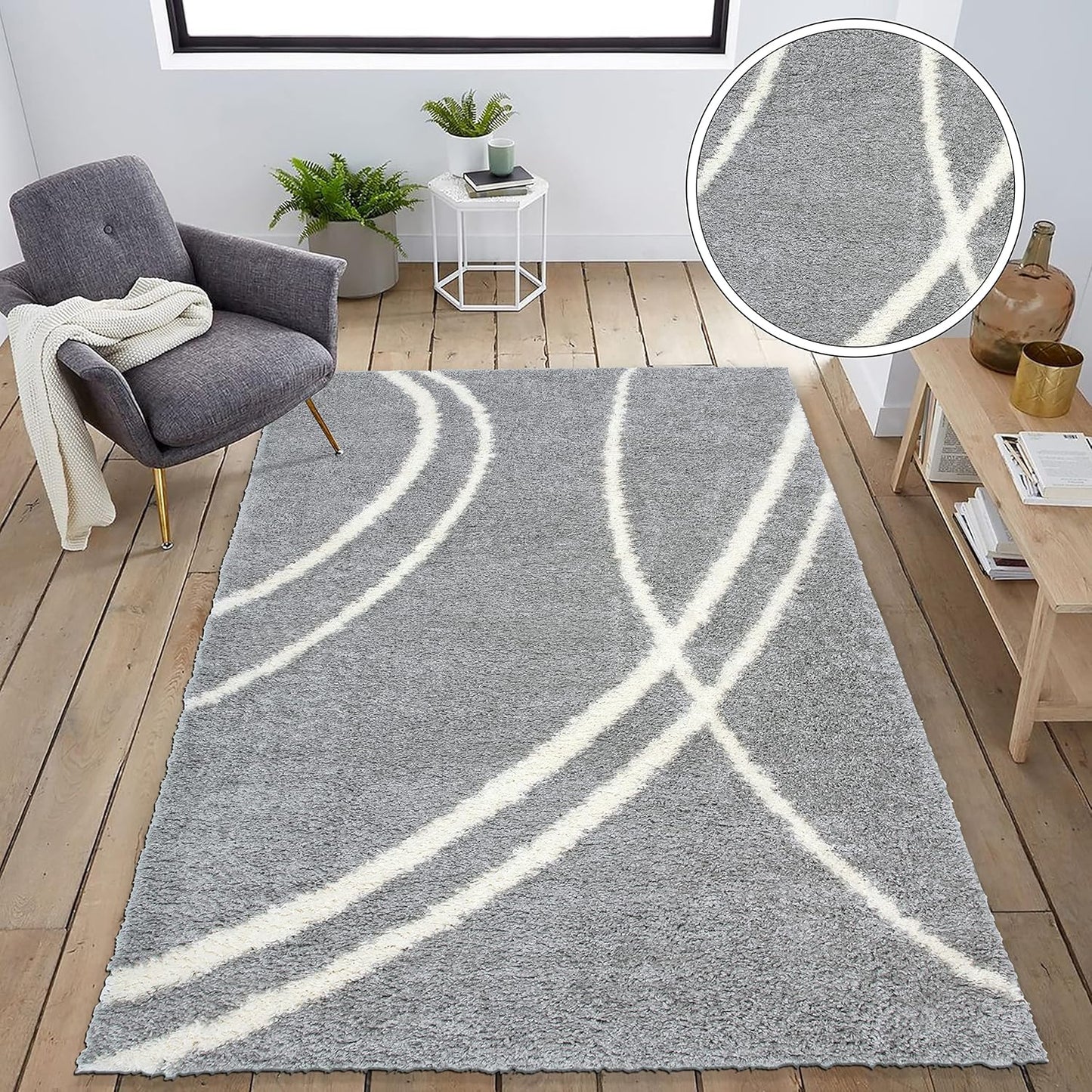 Cozy Contemporary Stripe Perfect for Living Room,Bedroom,Home Office Non-Shedding Plush Shag Area Rug 7'10" X 10' Gray-White