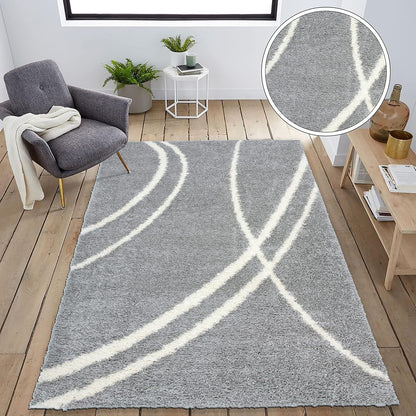 Cozy Contemporary Stripe Perfect for Living Room,Bedroom,Home Office Non-Shedding Plush Shag Area Rug 7'10" X 10' Gray-White