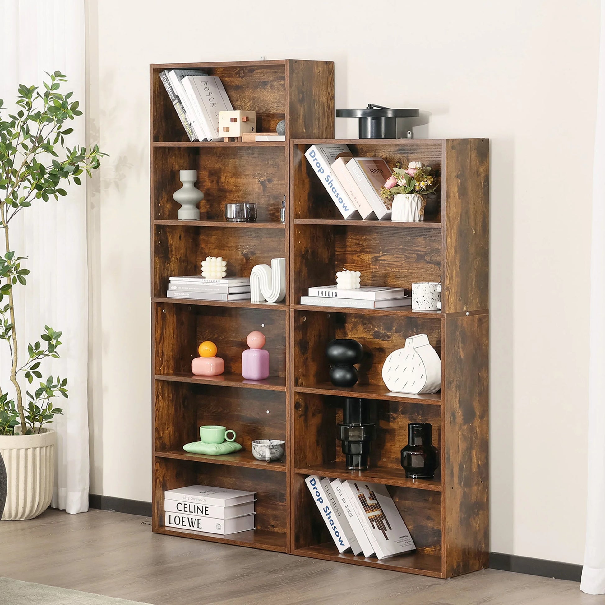 6 Shelf Bookcase, 63 Inch Tall Open Industrial Standing Bookshelf Large Storage for Home Office, Living Room, Bed Room, Rust