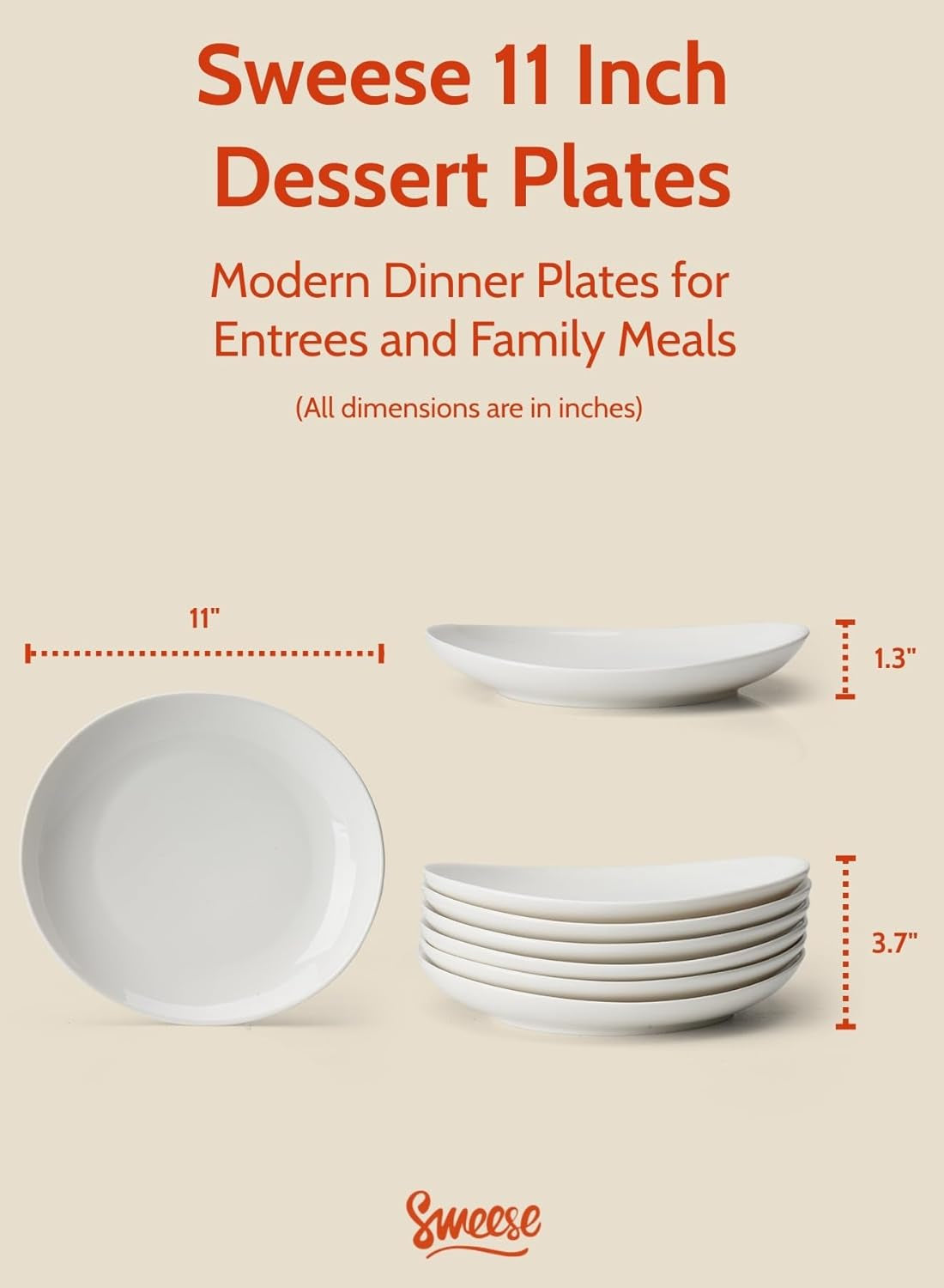 Porcelain 11 Inch Dinner Plates Set of 6 - White Dinner Plates - Dishwasher, Microwave, Oven Safe, Scratch Resistant