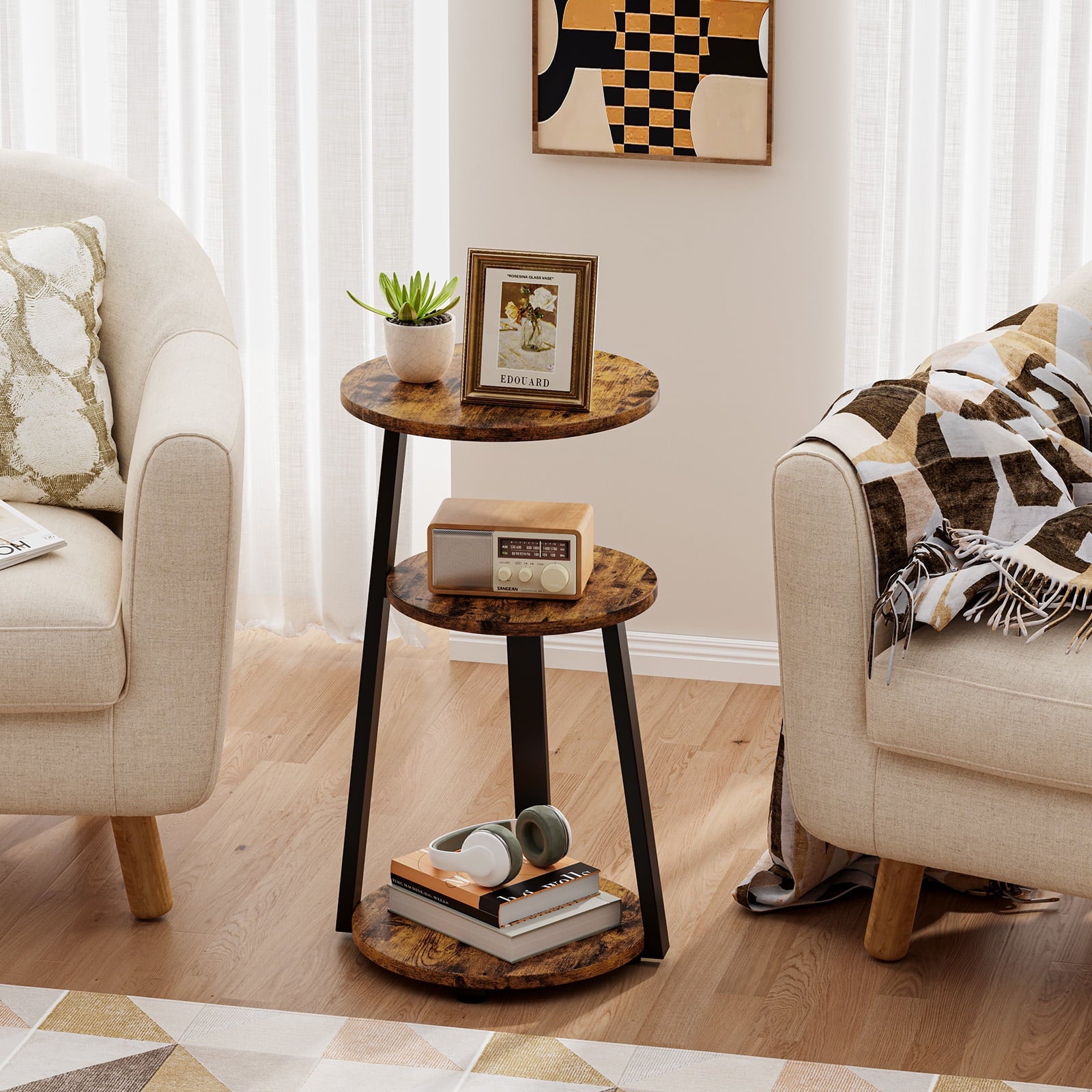 End Side Table, round Sofa Table with Metal Frame, 3-Tier Coffee Table Nightstand for Home, Black&Brown