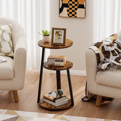 End Side Table, round Sofa Table with Metal Frame, 3-Tier Coffee Table Nightstand for Home, Black&Brown